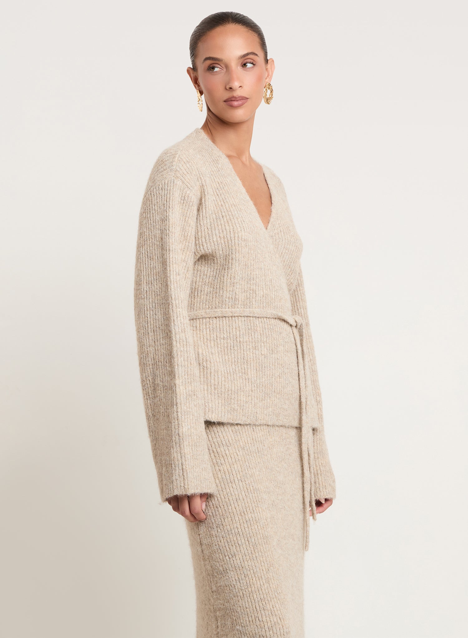 Oatmeal Knitted Tie Front Wrap Top
